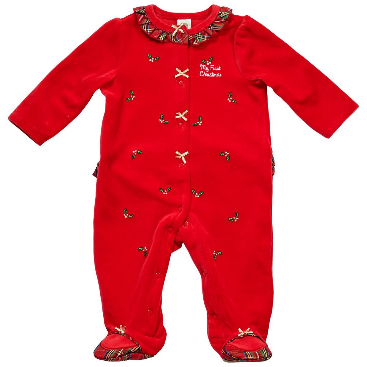 Little Me Baby Girls' Holly Plaid Embroidered Velour Footed Coveralls - Red