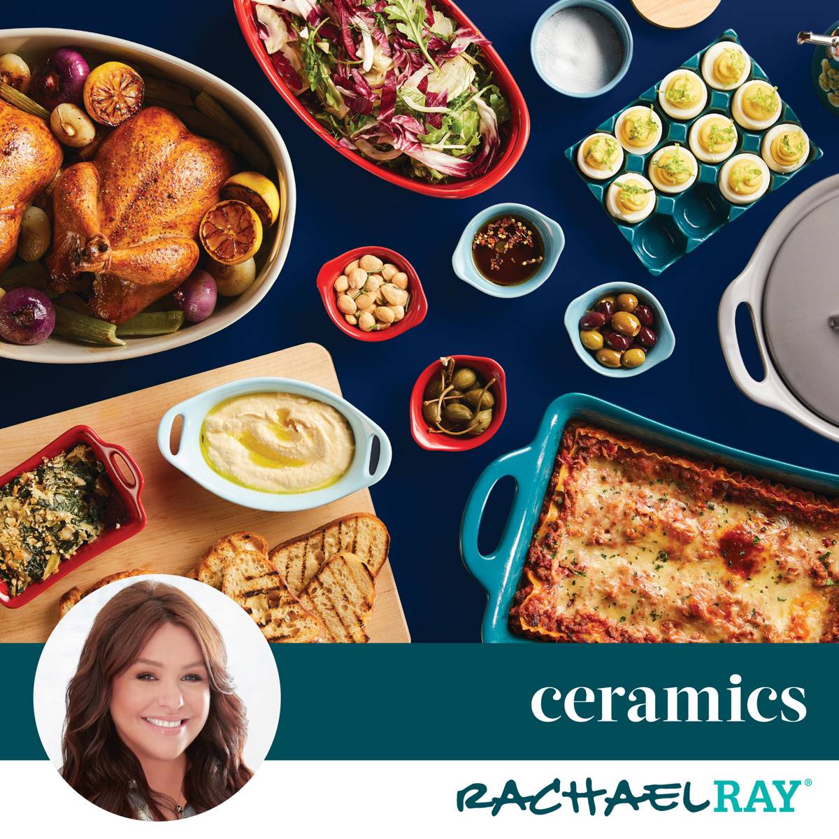 Rachael Ray 3pc. Ceramic Casserole Bakers W/Shared Lid Set-Teal