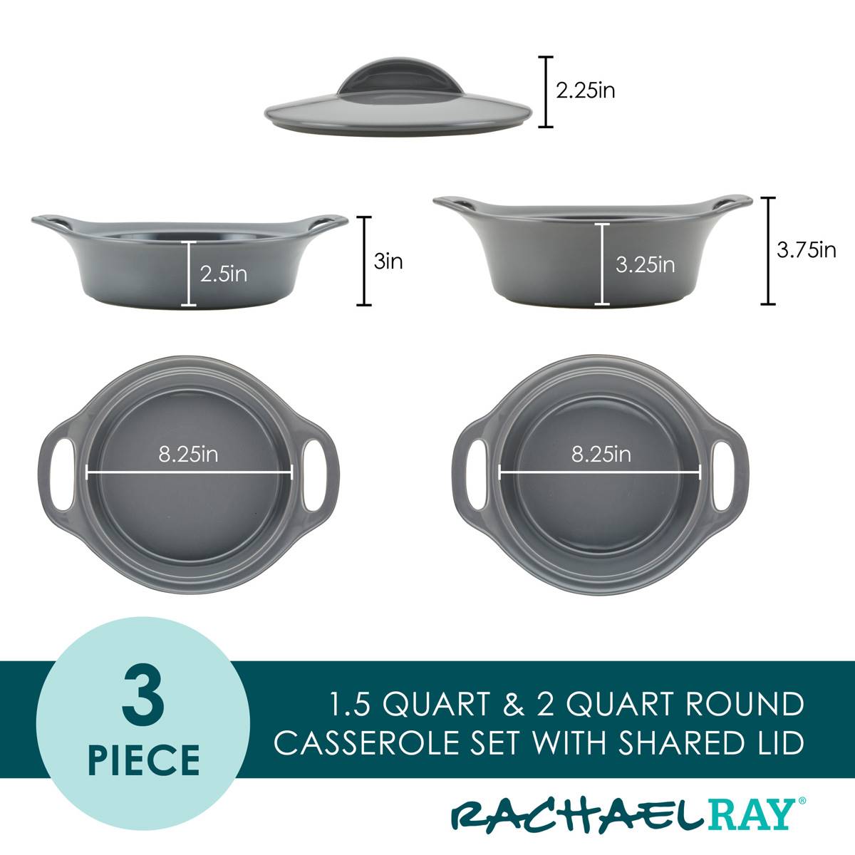 Rachael Ray 3pc. Ceramic Casserole Bakers W/Shared Lid Set-Grey