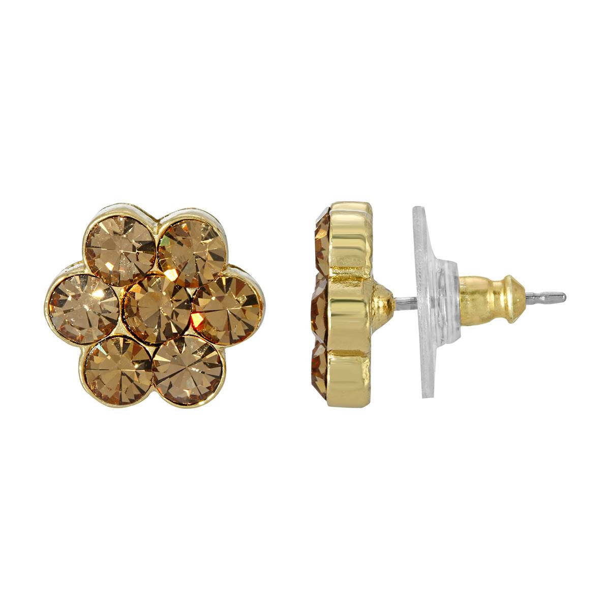 1928 Gold-Tone Light Topaz Flower Button Stud Earrings