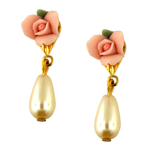 Signature 1928 Porcelain Rose Pearl Drop Earrings