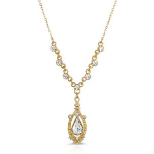 1928 Gold Tone Crystal Suspended Teardrop Necklace