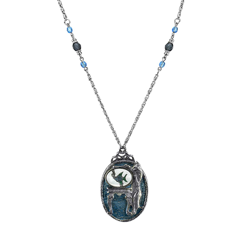 1928 Pewter Cat With Blue Enamel Fishbowl Beaded Necklace