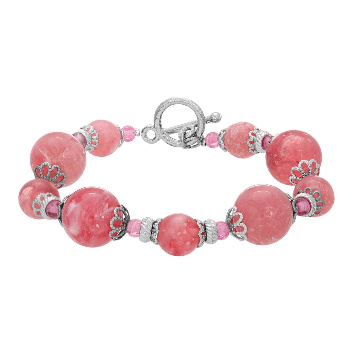 1928 Silver Tone Pink Beaded Toggle Bracelet