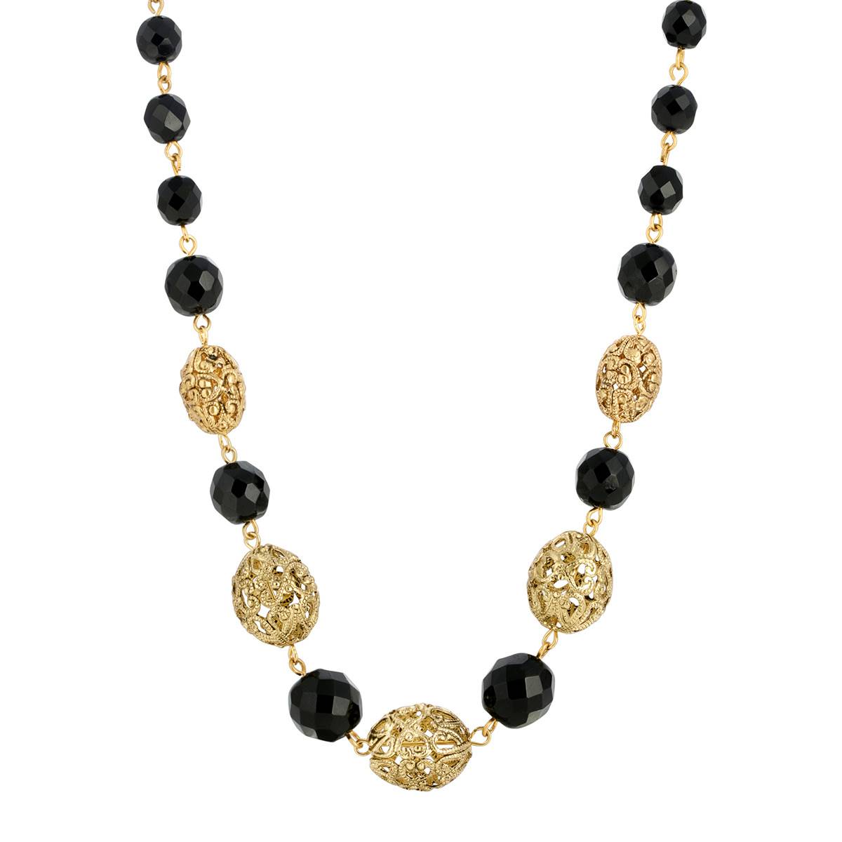 1928 Gold Tone Filigree Bead And Black Beaded Necklace