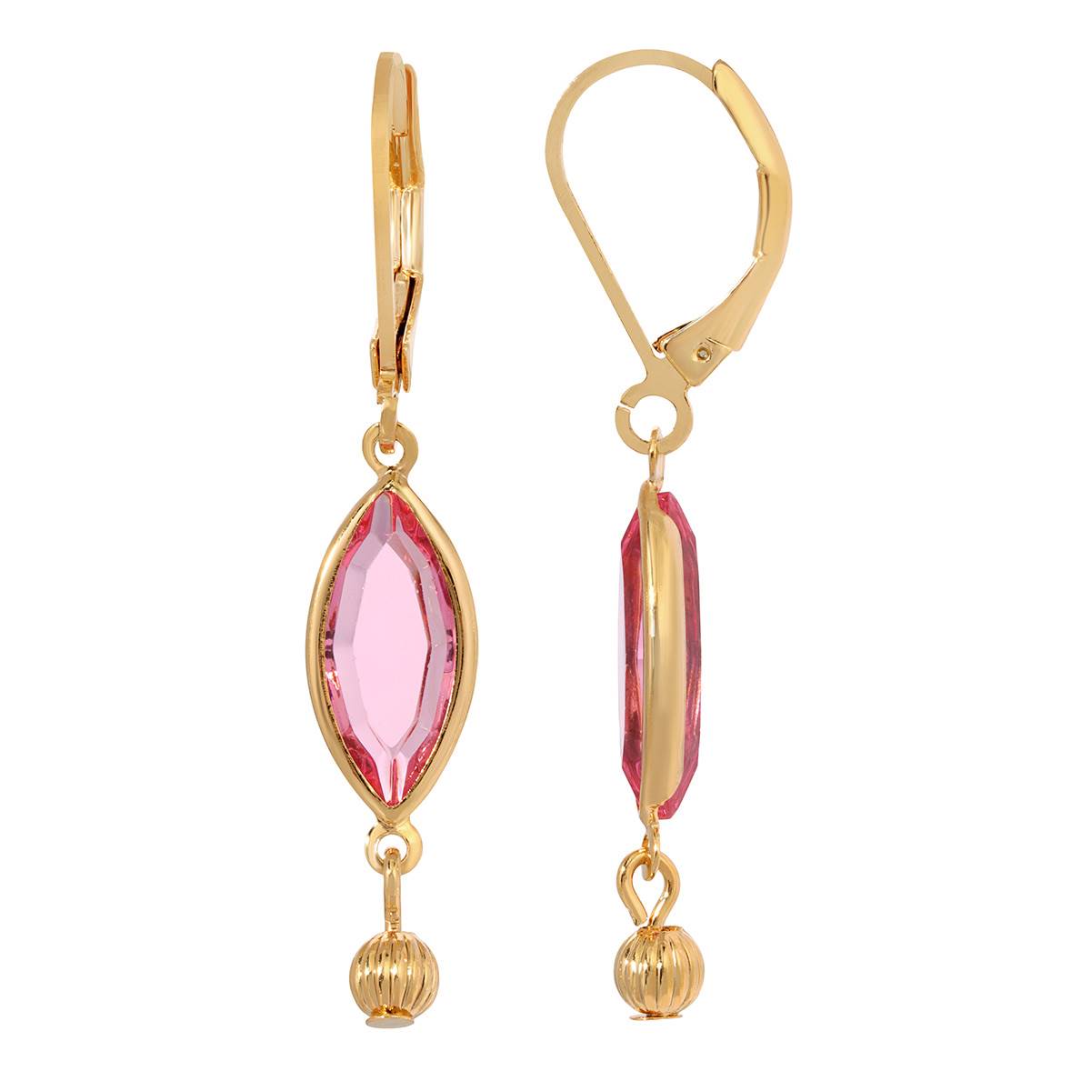 1928 Gold Tone Pink Crystal Oval Drop Earrings