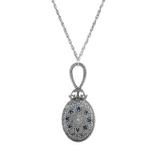 1928 Silver Tone Blue Enamel & Sapphire Necklace w/ Mirror
