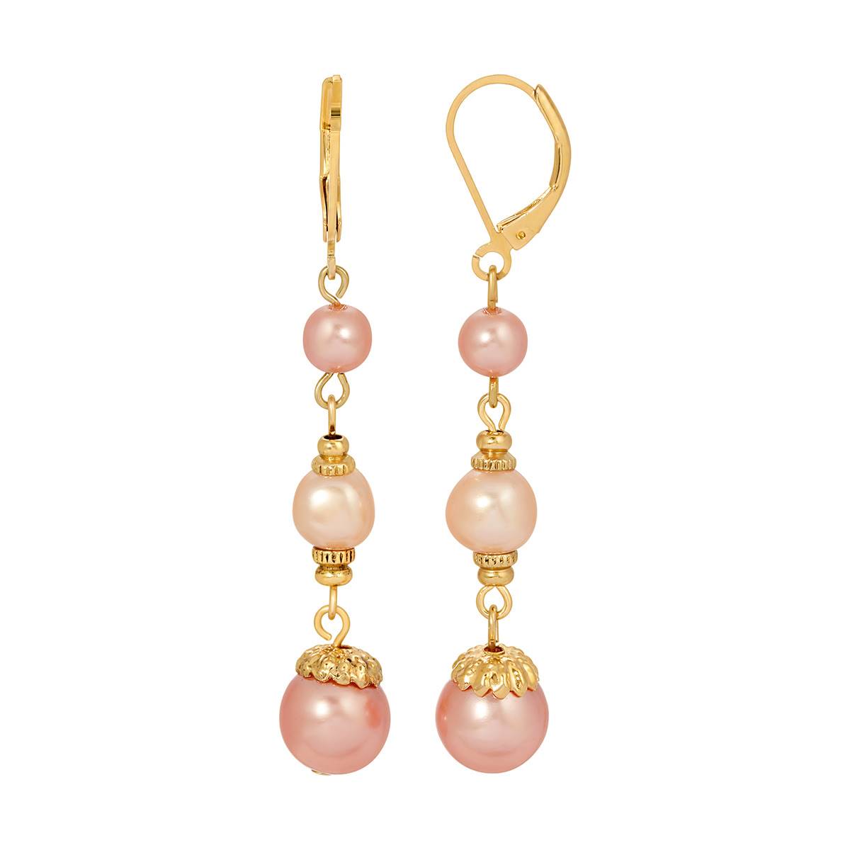 1928 Gold Tone Pink & White Drop Faux Pearl Dangle Earrings