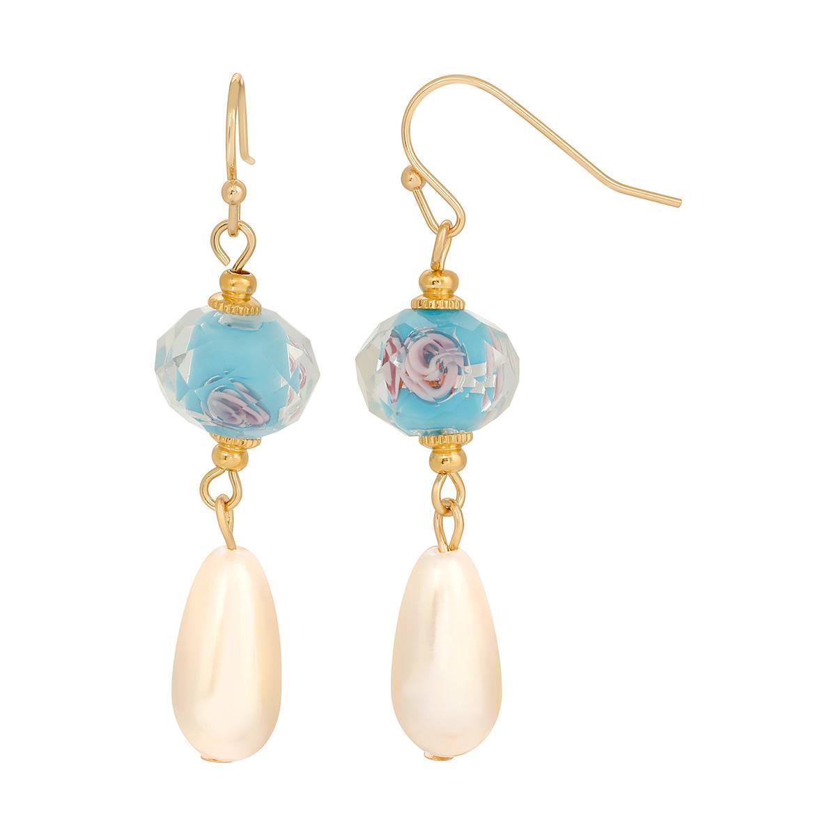 1928 Gold Tone Clear Crystal Aqua & Pink Flower Drop Earrings