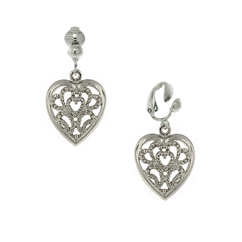 1928 Silver-Tone Filigree Heart Drop Clip On Earrings