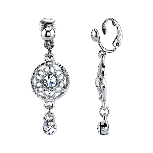 1928 Silver-Tone Crystal Drop Clip On Earrings