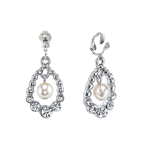 1928 Silver-Tone Simulated Pearl & Crystal Clip On Earrings