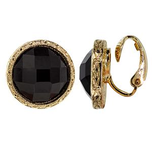 1928 Gold Tone Small Black Round Button Clip On Earrings