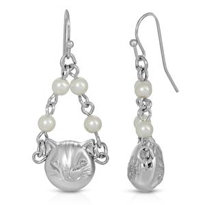 1928 Silver Tone Cat Faux Pearl Drop Earrings