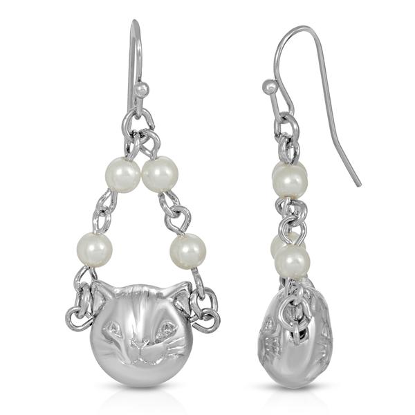 1928 Silver Tone Cat Faux Pearl Drop Earrings