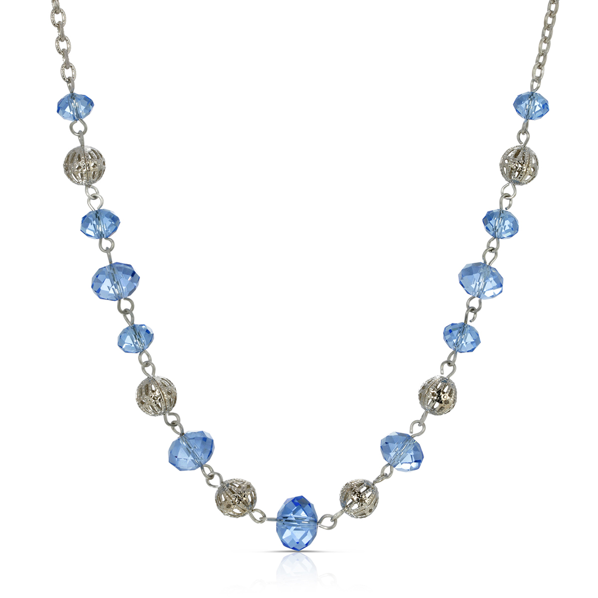 1928 Silver Tone Blue & Silver Beaded Necklace