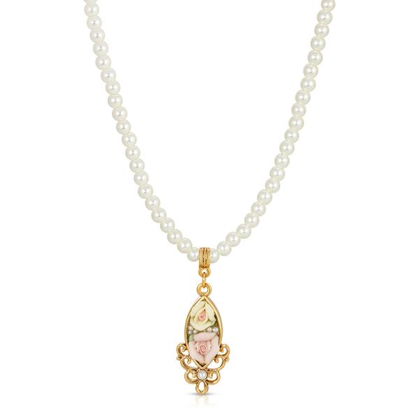1928 Gold Tone Porcelain Rose Pearl Beaded Necklace