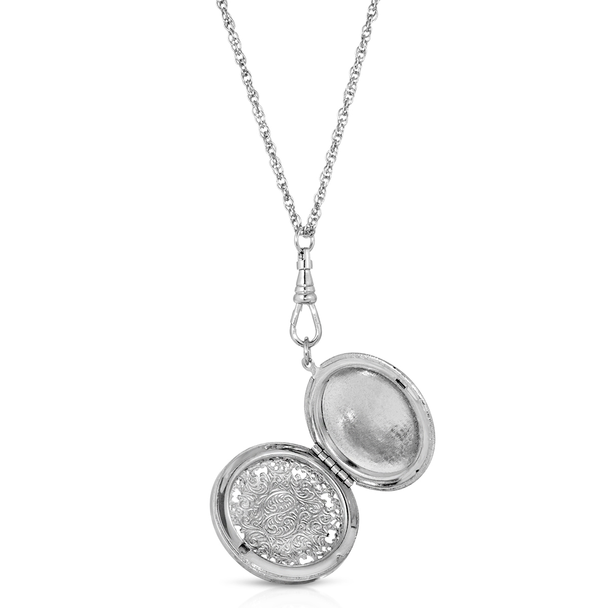 1928 Silver Tone Black Cameo Round Locket Necklace