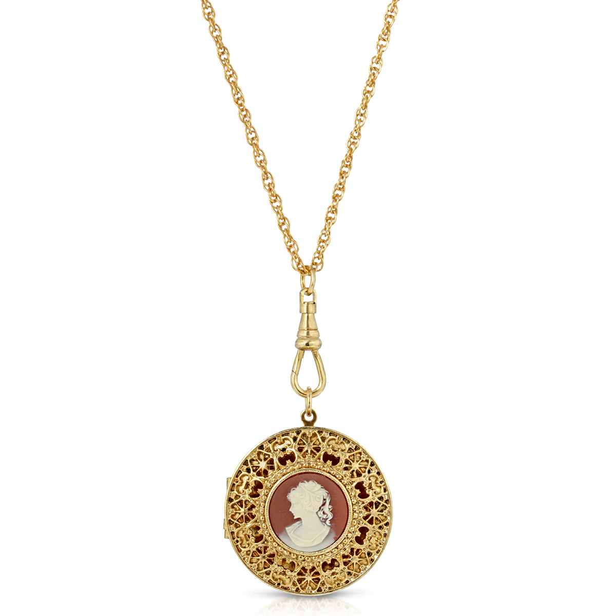 1928 14kt. Gold Dipped Carnelian Cameo Round Locket Necklace