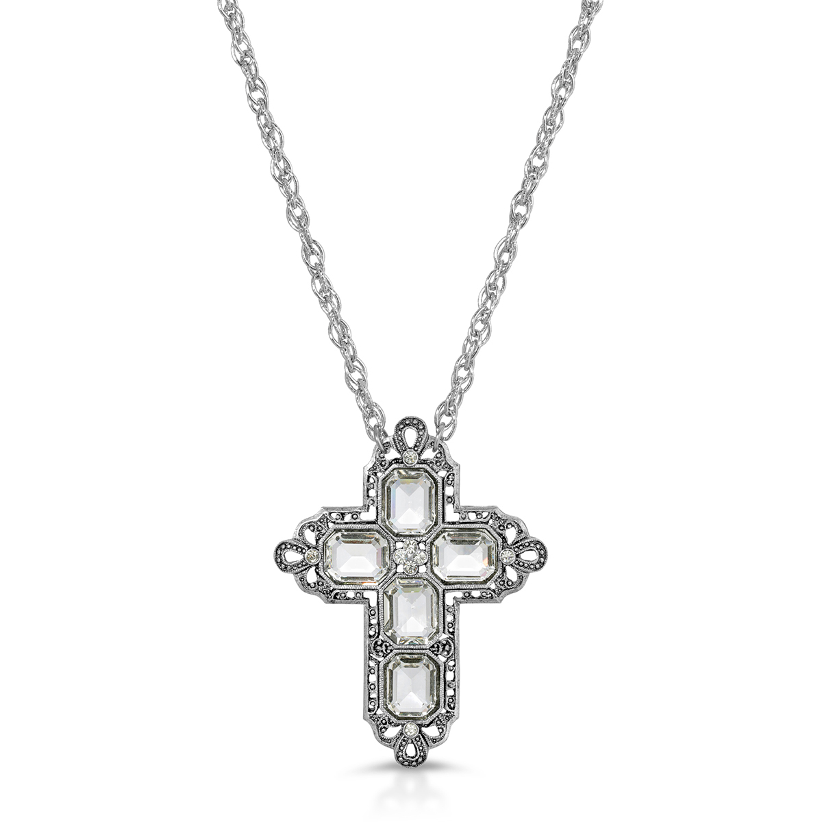 1928 Pewter Rectangle Clear Crystal Cross Necklace