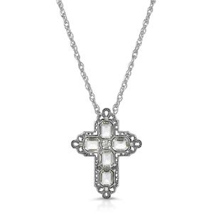 1928 Pewter Rectangle Clear Crystal Cross Necklace