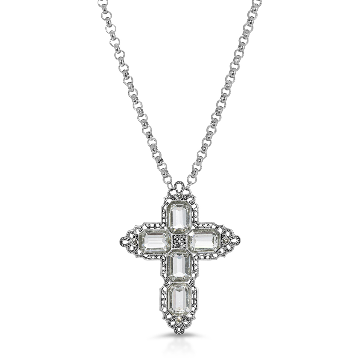 1928 Pewter Rectangle Swarovski(R) Crystal Cross Pendant Necklace