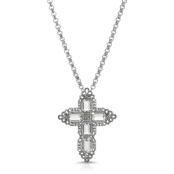 1928 Pewter Rectangle Swarovski(R) Crystal Cross Pendant Necklace