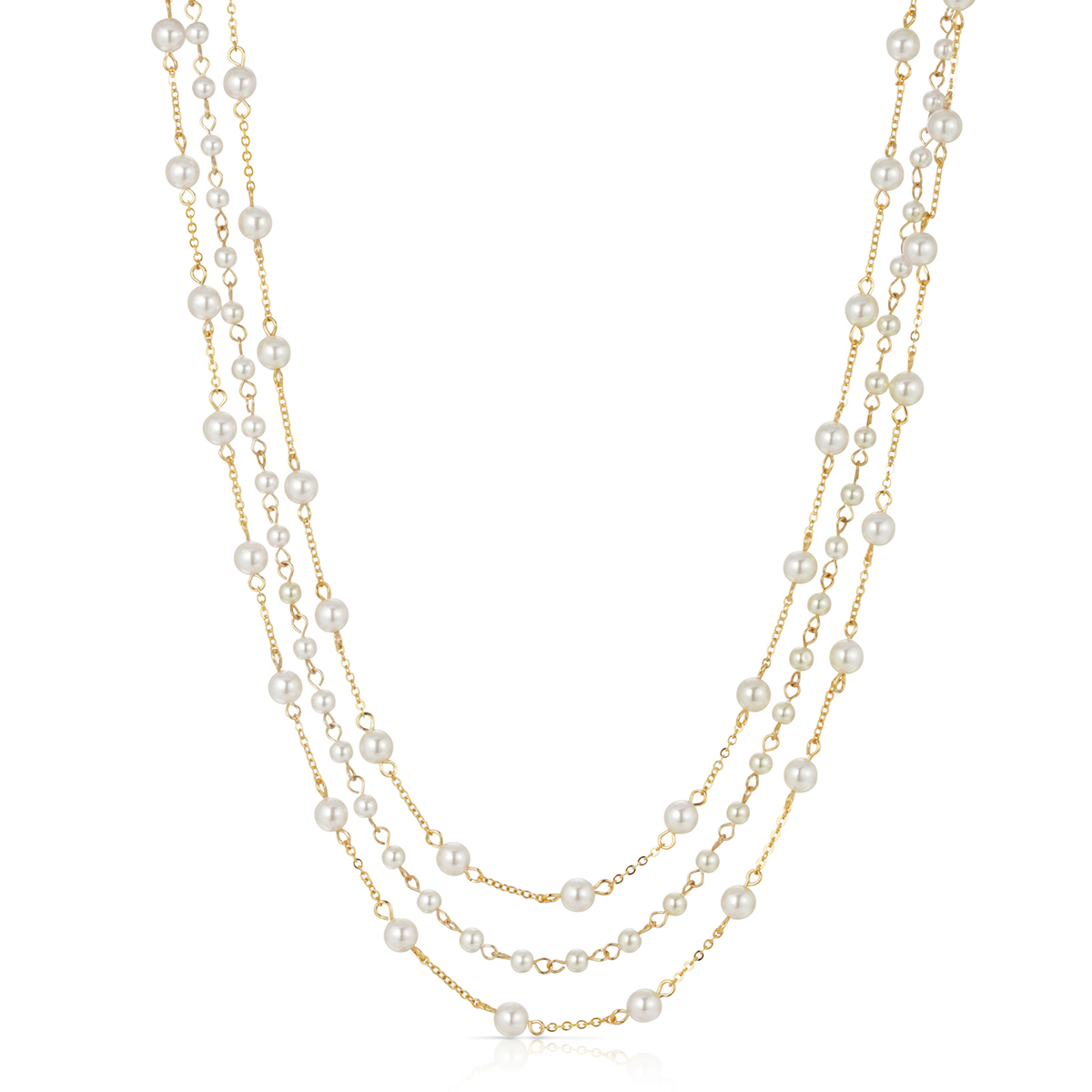 1928 Gold Tone Three Strand Pearl Multi-Strand Necklace