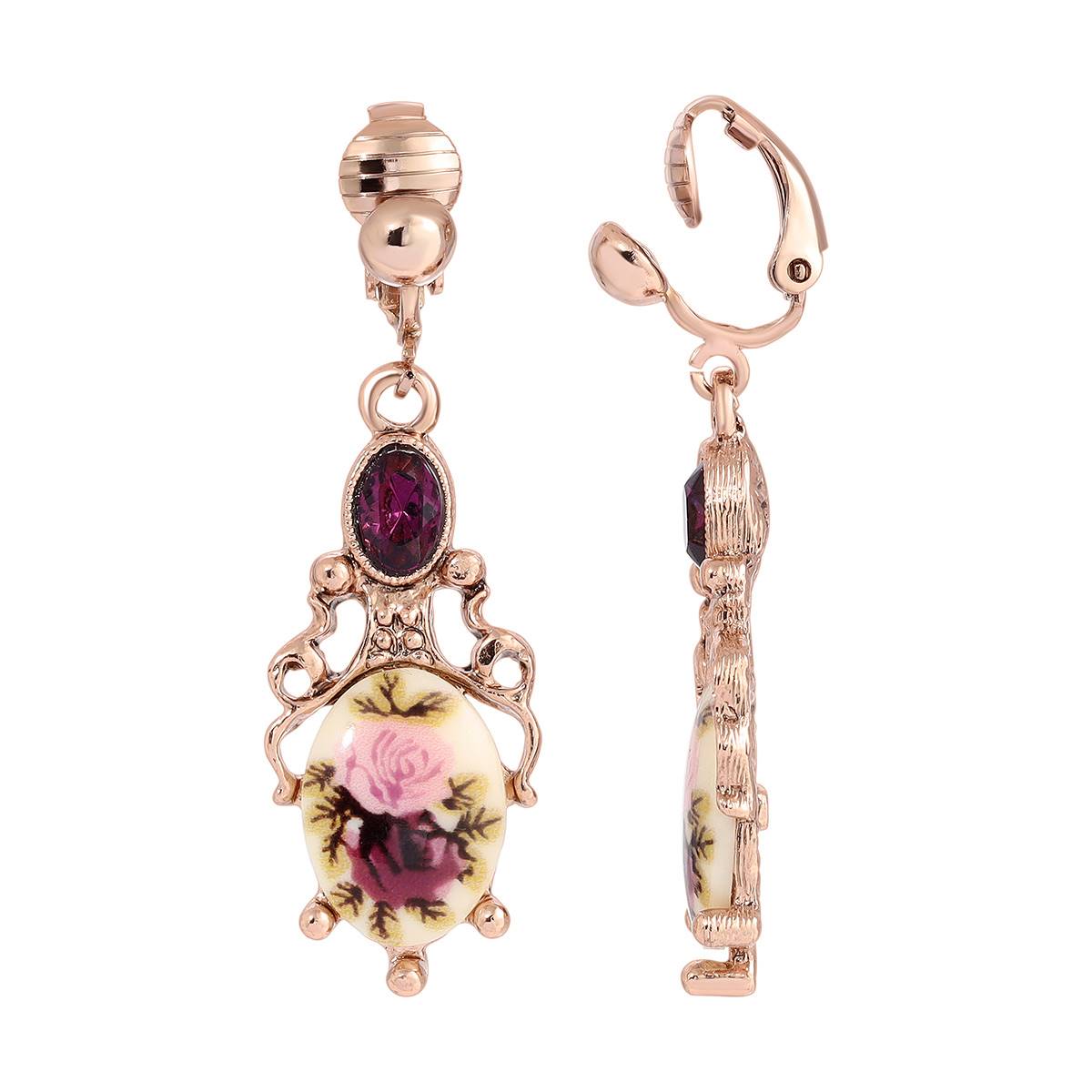 1928 Rose Gold-Tone Purple Crystal Flower Clip Earrings