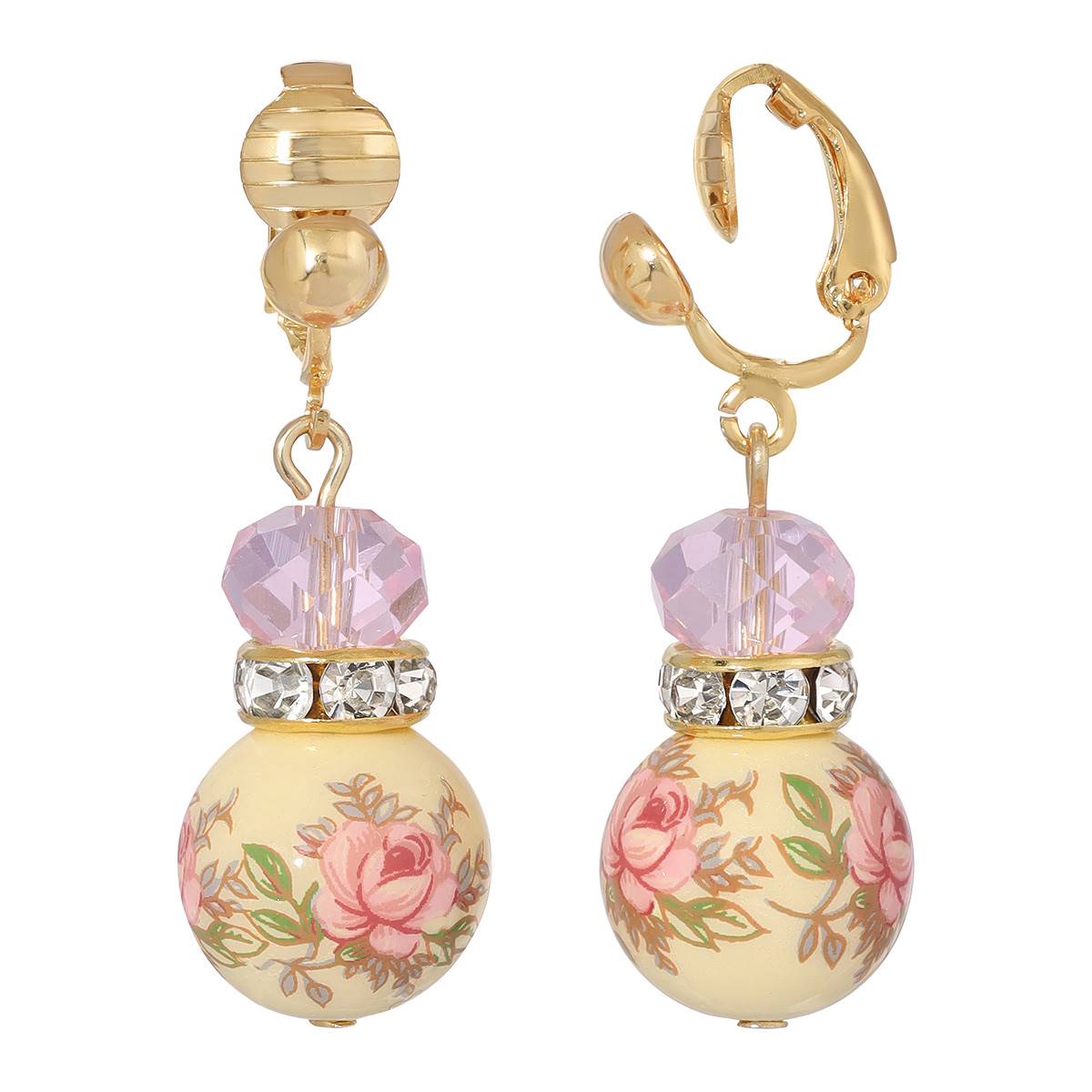 1928 Gold Tone Lt. Rose Pink Floral Beaded Clip Earrings