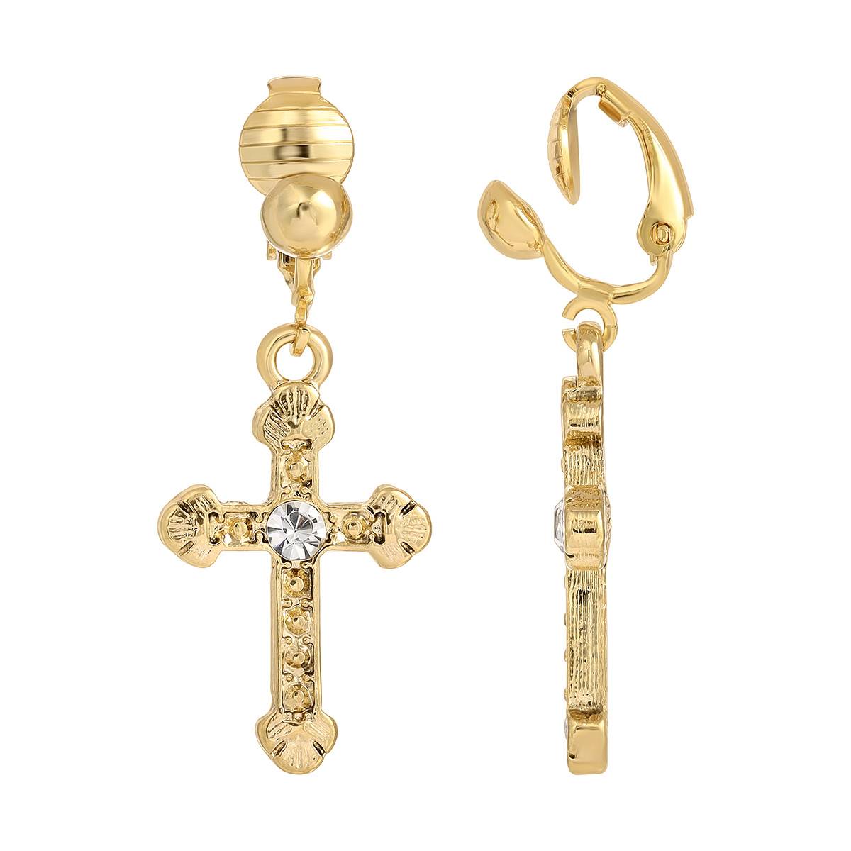 1928 Gold Tone Crystal Accent Cross Clip Earrings