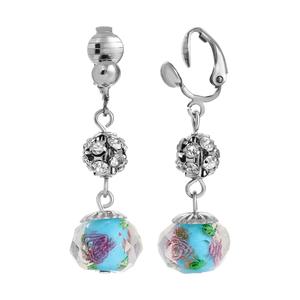 1928 Aqua & Pink Flower Bead w/ Crystals Clip Earrings