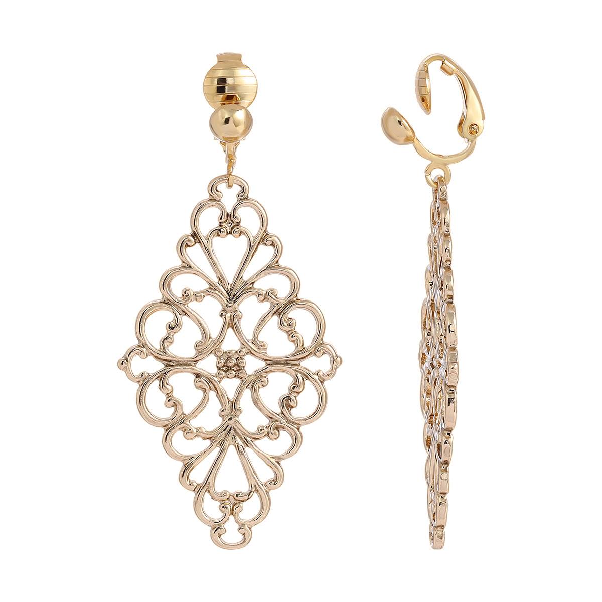 1928 Gold-Tone Filigree Diamond Shape Clip Chandelier Earrings