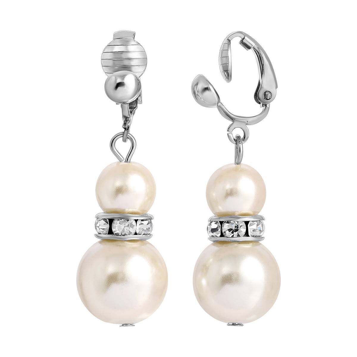 1928 White Graduated Faux Pearl And Crystal Clip Earrings