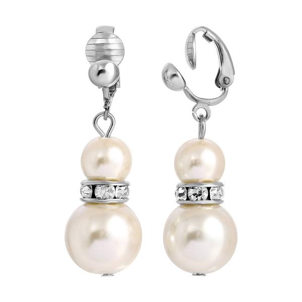 1928 White Graduated Faux Pearl and Crystal Clip Earrings
