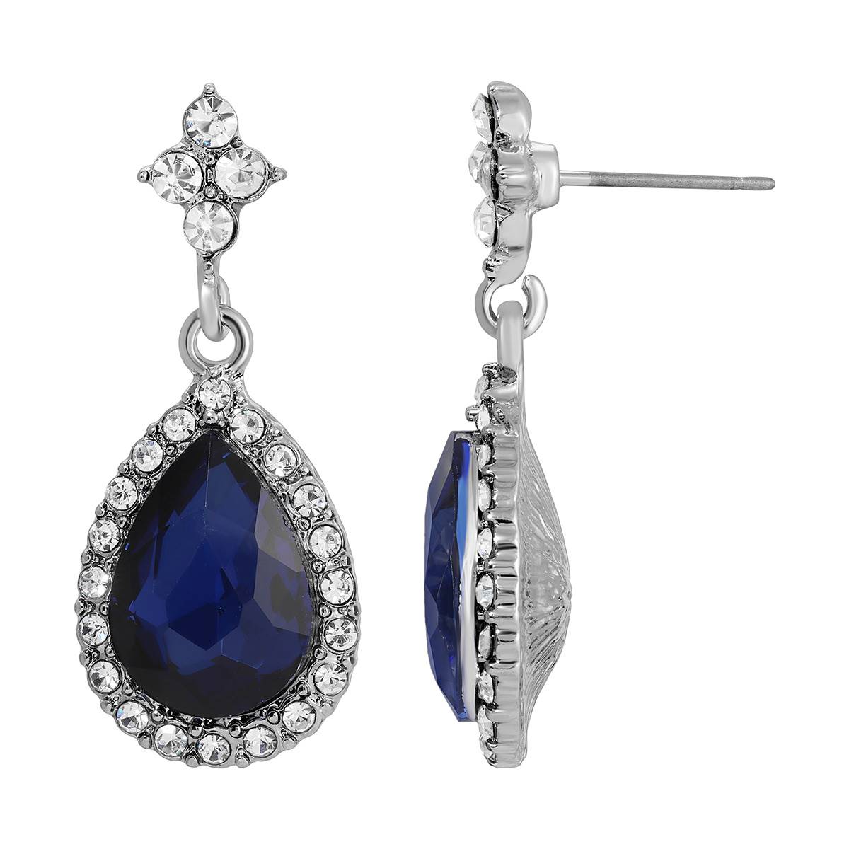 1928 Silver Tone Atlantic Blue Crystal Teardrop Earrings