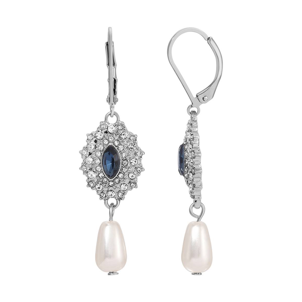 1928 Silver Tone Blue Starburst Crystal Pearl Drop Earrings