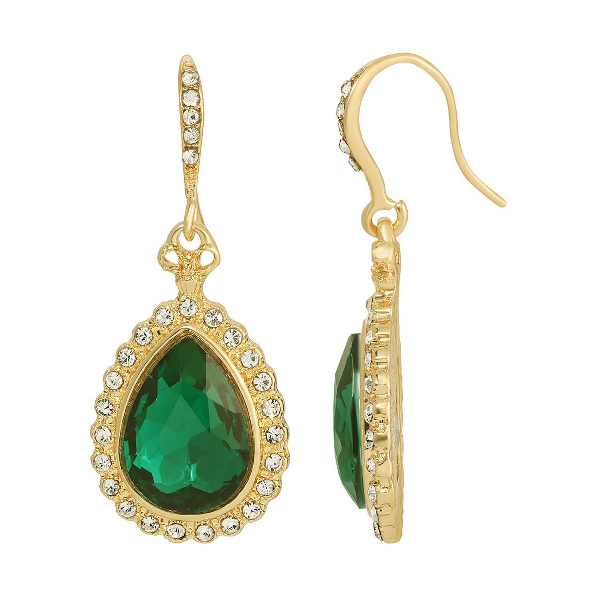 1928 Gold Tone Victorian Green Teardrop Drop Earrings