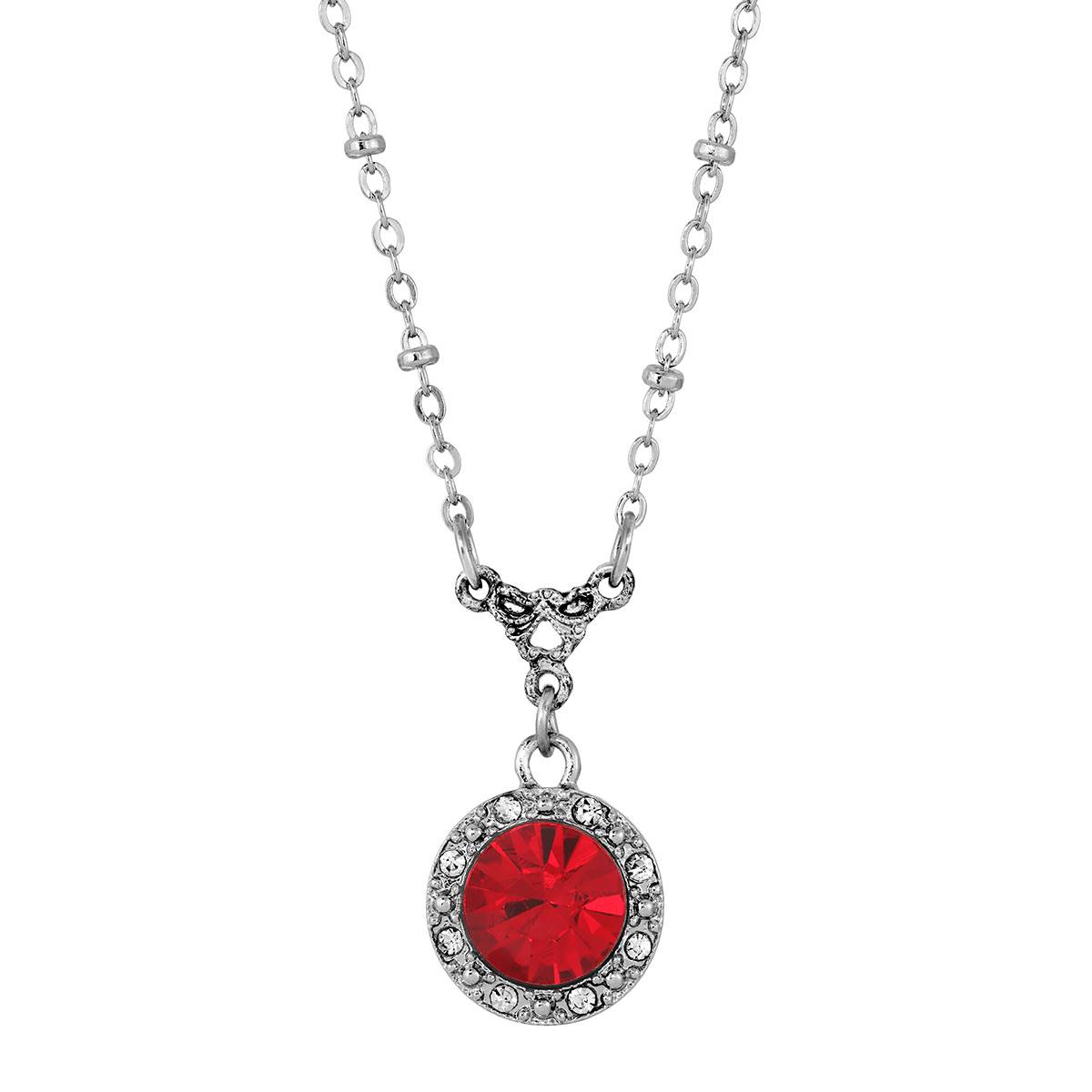 1928 Silver Tone Round Red Crystal W/ Clear Crystal Necklace