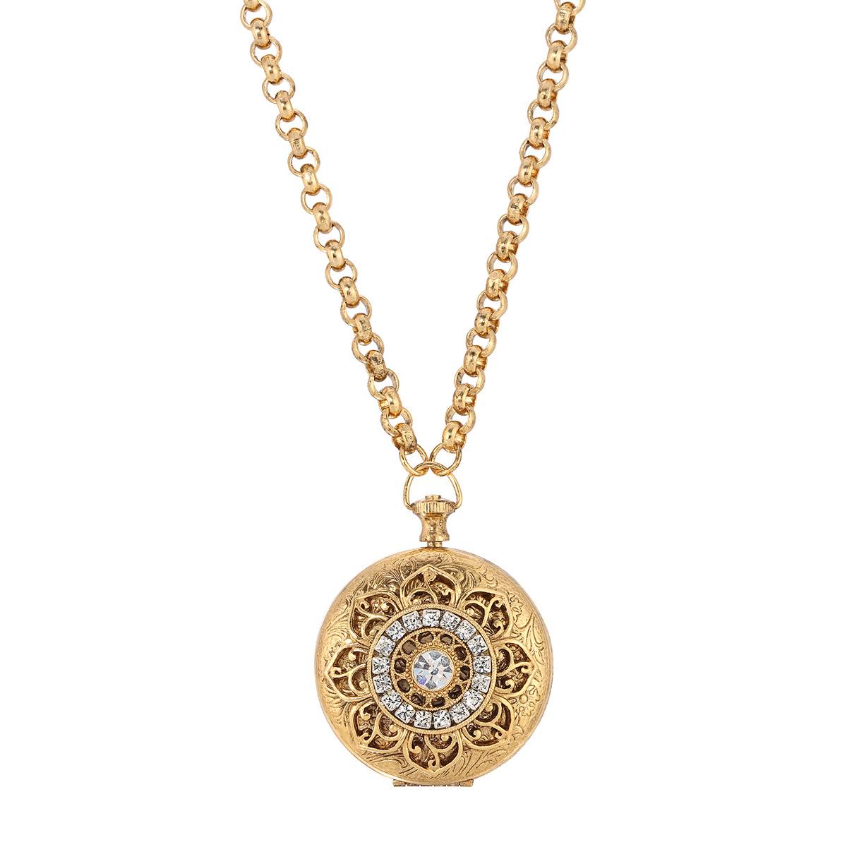 1928 Gold Tone Crystal Locket Necklace