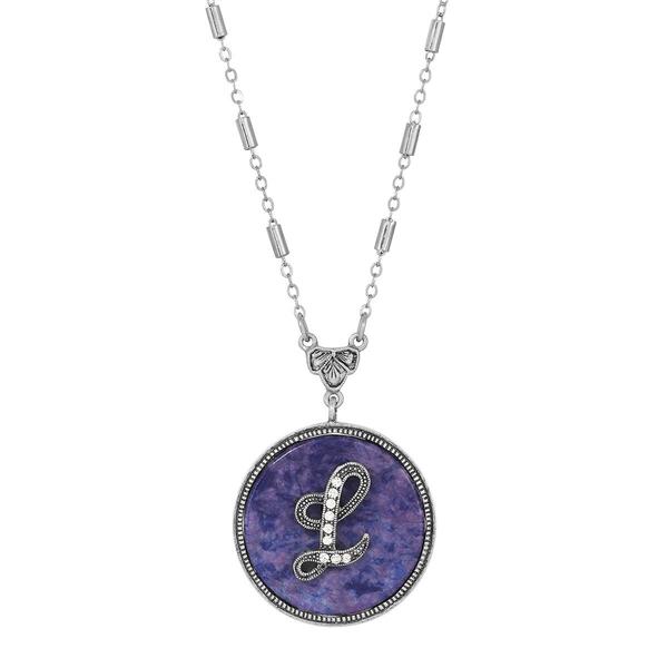 1928 Silver Tone L Initial Sodalite Pendant Necklace