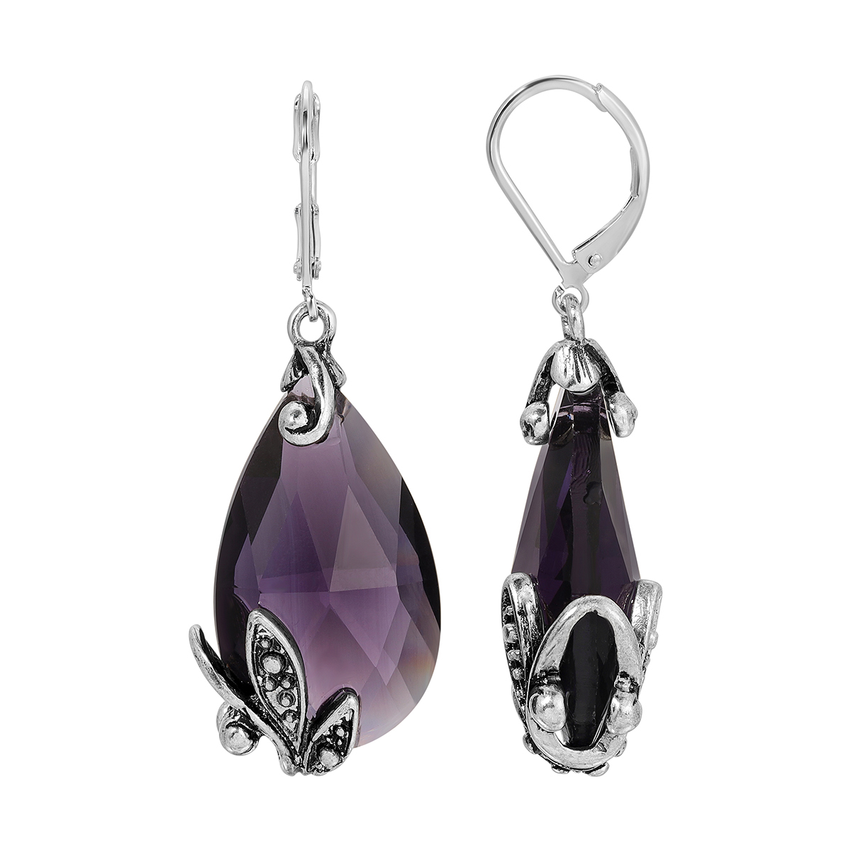 1928 2in. Teardrop Faceted Glass Crystals Leverback Earrings