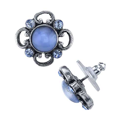 1928 Pewter Blue Moonstone Filigree Border Stud Earrings