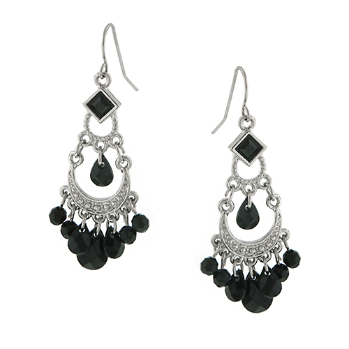 1928 Silver-Tone & Jet Crystal Chandelier Earrings