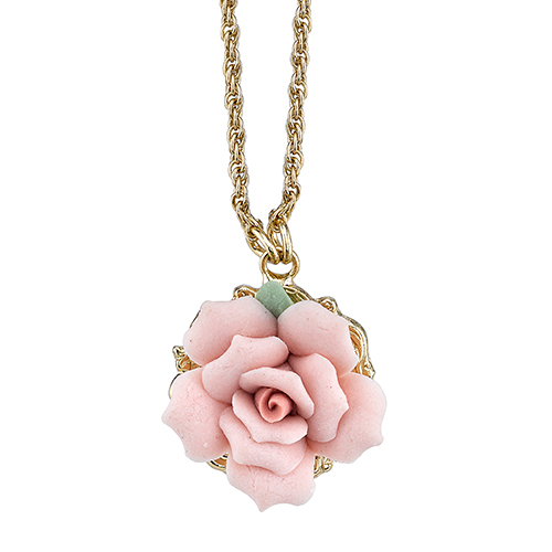 1928 Gold-Tone Porcelain Rose Pendant Necklace