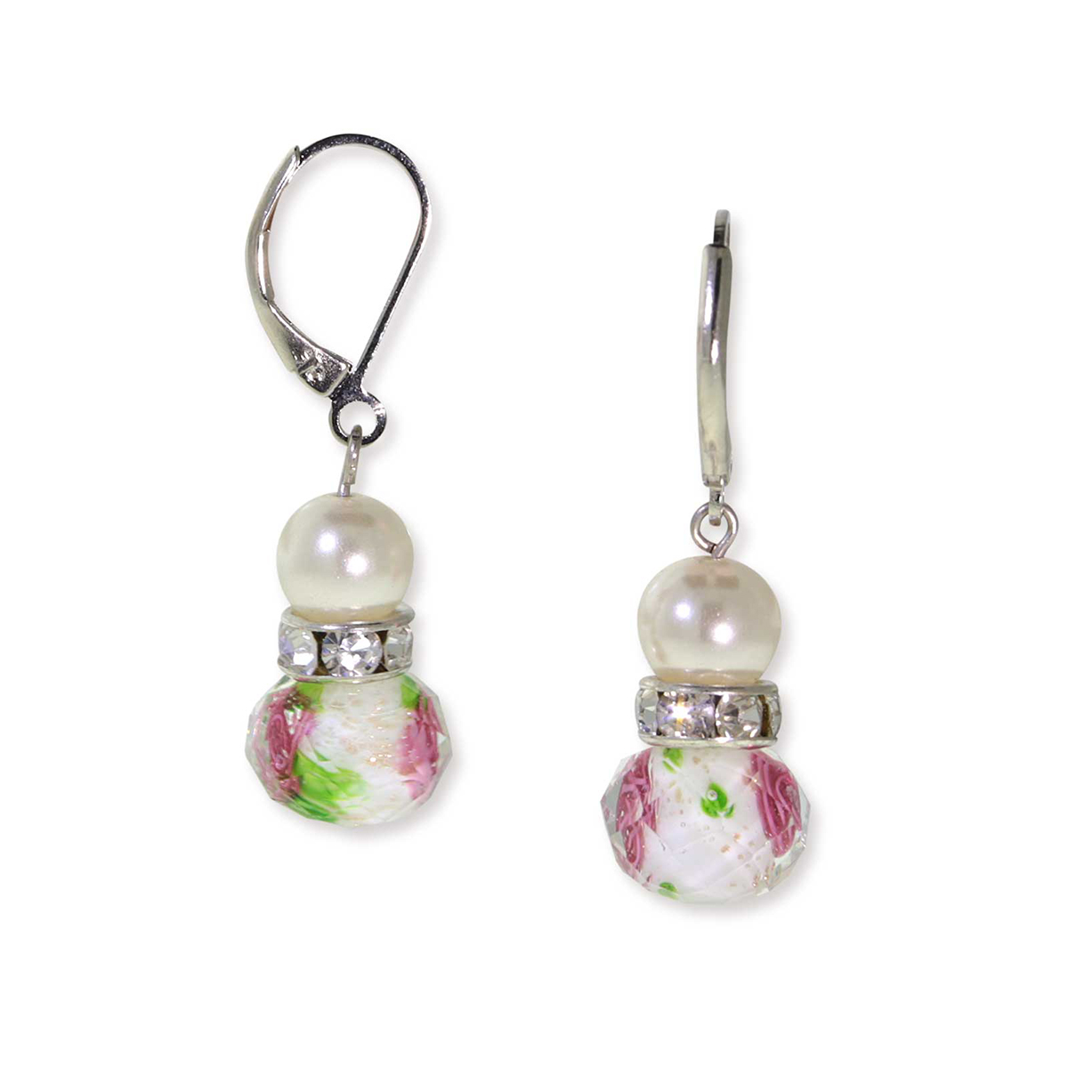 1928 Silver-Tone Faux Pearl Pink & Green Beaded Earrings