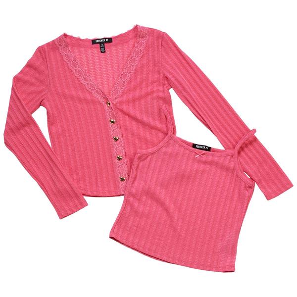 Girls (7-16) Forever 21 Pointelle Knit Cardigan & Camisole - Pink