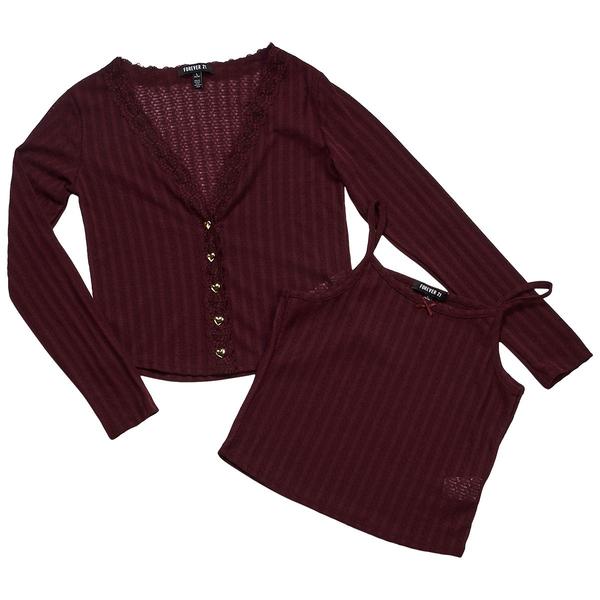 Girls (7-16) Forever 21 Pointelle Knit Cardigan & Camisole - Fig