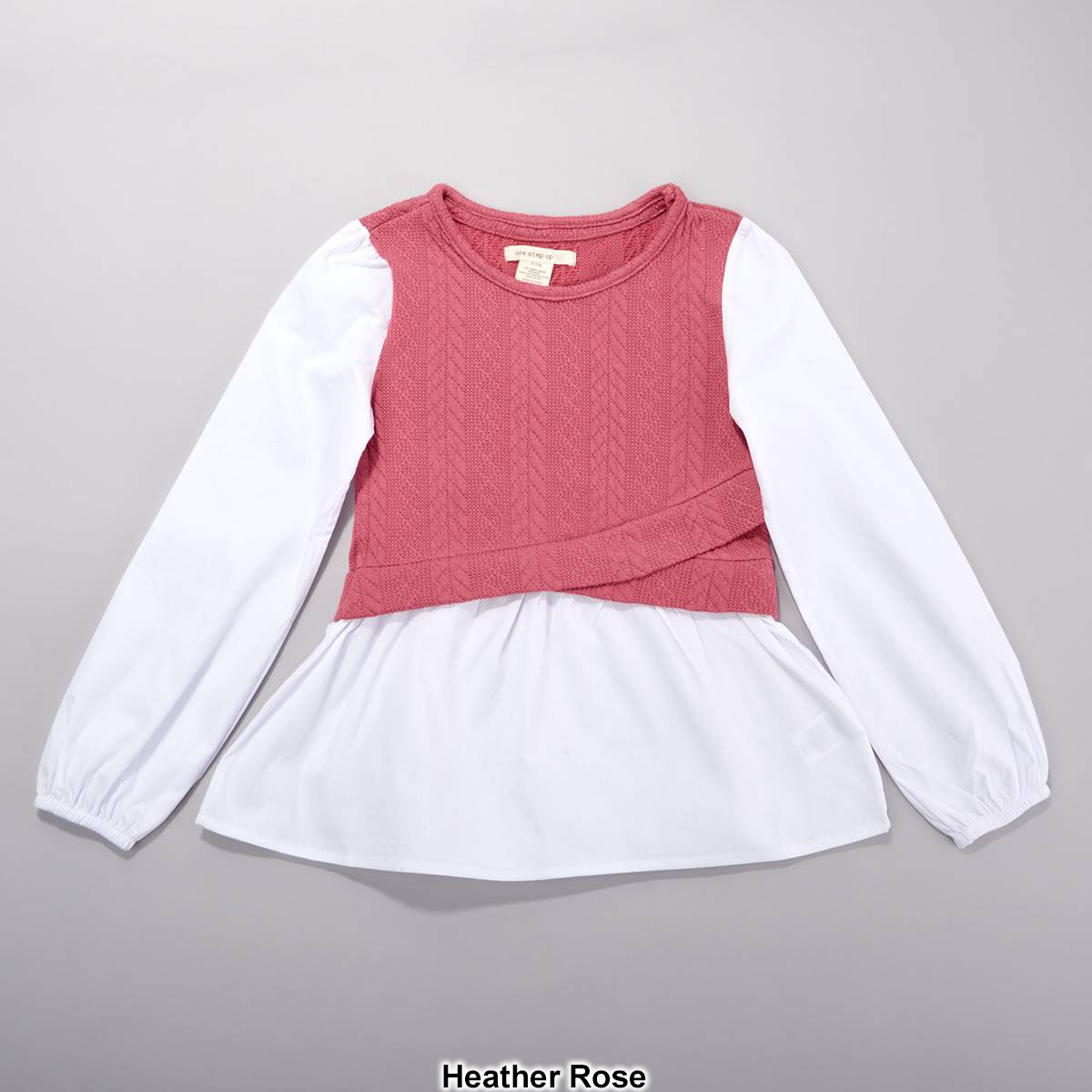 Girls (7-16) One Step Up Solid Long Sleeve Knit Poplin 2Fer Top