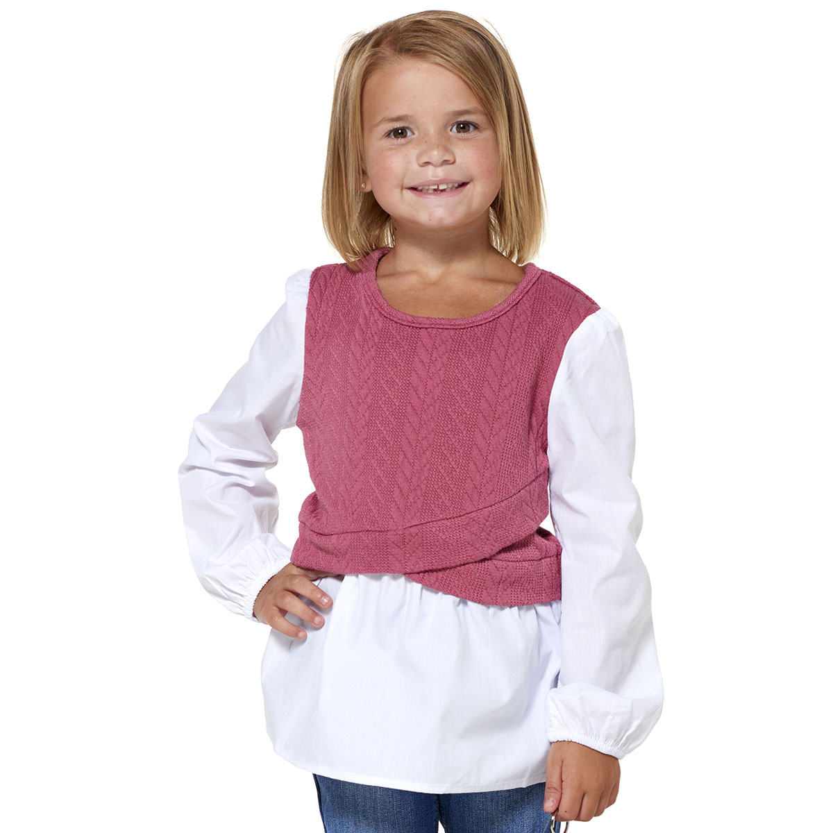Girls (4-6x) One Step Up Textured Knit Poplin 2-in-1 Top